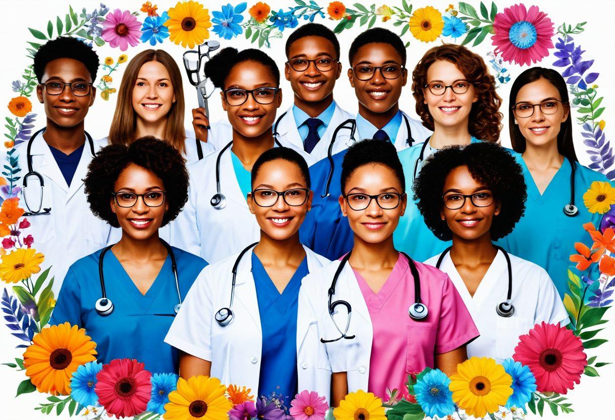 A diverse group of people, standing together with expressions of determination and hope, surrounded by symbols of awareness such as ribbons and magnifying glasses. In the background, images of medical tools intertwined with vibrant flowers, representing growth and healing. The composition radiates positivity and strength, with a soft, enlightening glow that highlights the theme of empowerment and early detection. super-realistic. vibrant colors. white background.