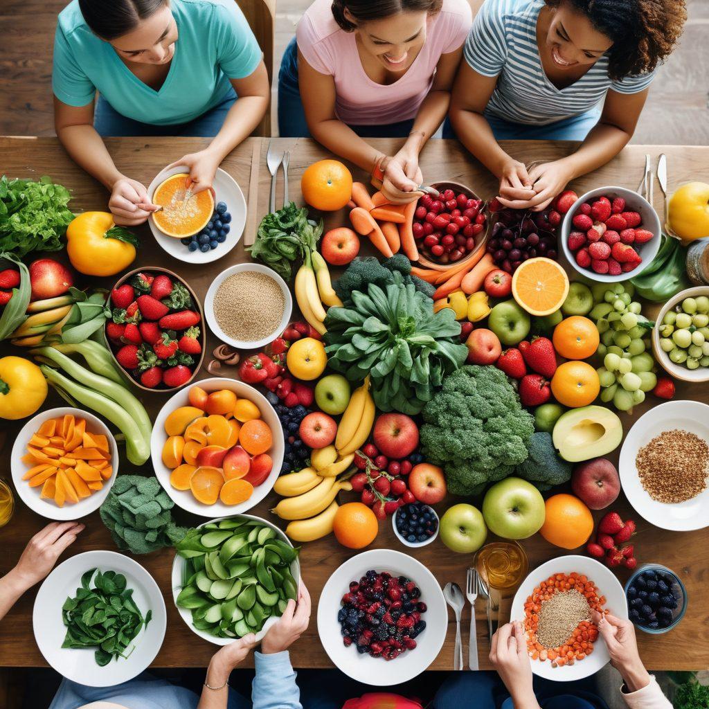 A vibrant table spread filled with colorful fruits, vegetables, whole grains, and lean proteins, symbolizing healthy eating for cancer prevention. Include a diverse group of smiling individuals enjoying a meal together, showcasing community and support in their journey. The backdrop should feature lush greenery and sunlight filtering through, representing hope and vitality. Use warm and inviting colors to create a sense of nourishment and well-being. super-realistic. vibrant colors.