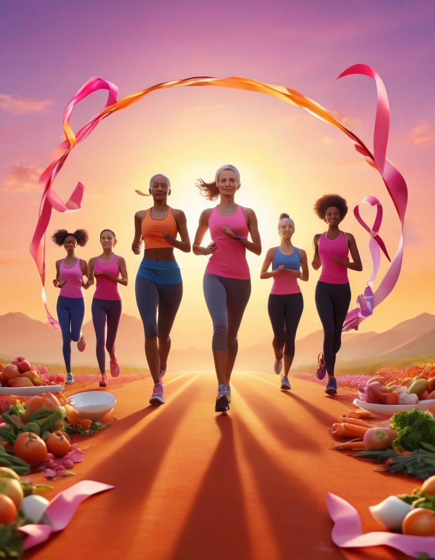 A vibrant, inspirational scene depicting a diverse group of people engaging in healthy lifestyle activities like jogging, yoga, and cooking nutritious meals, surrounded by symbols of cancer awareness like ribbons and healthy food. The background features a soft sunrise, symbolizing hope and a new beginning. super-realistic. vibrant colors. 3D.